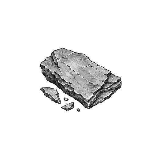A broken slab of layered shale with a few small flakes.