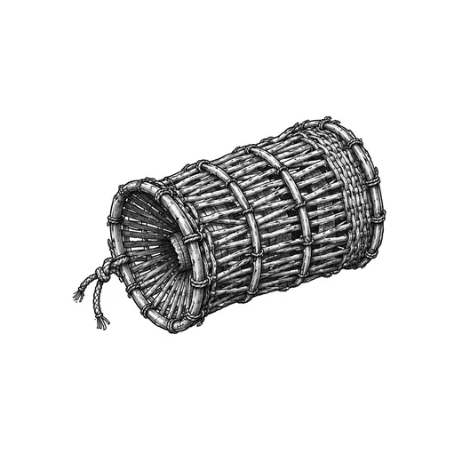 A cylindrical willow-and-wire fish trap with a bootlace tie.