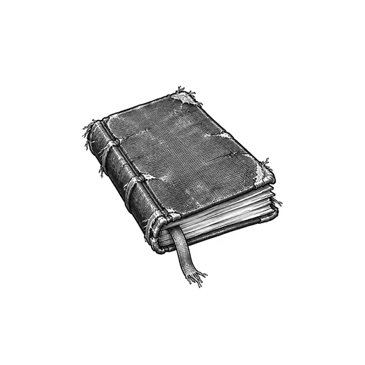 A small worn tally book with a cloth bookmark.