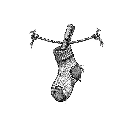 A patched sock hanging from a wooden clothes peg.