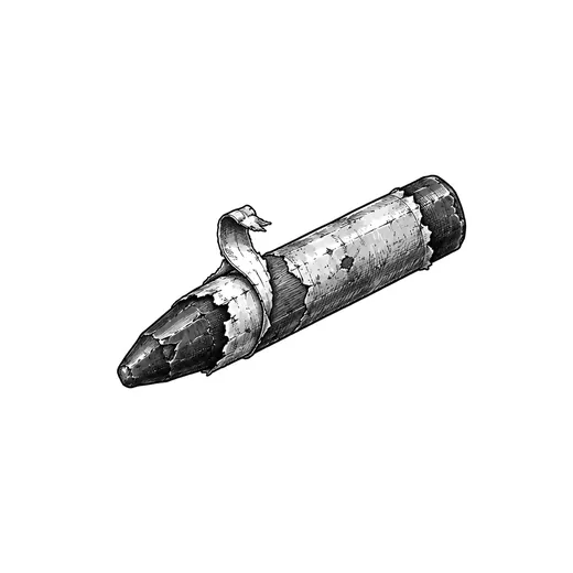 A short grease pencil with a peeled paper wrapper.