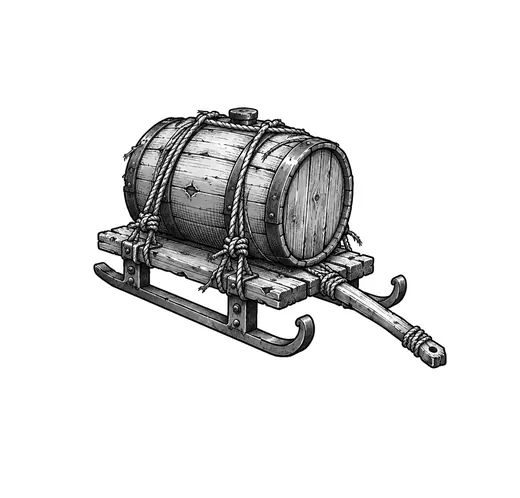 A water butt lashed to a wooden sled with steel runners.