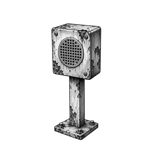 A battered order speaker box on a short post.
