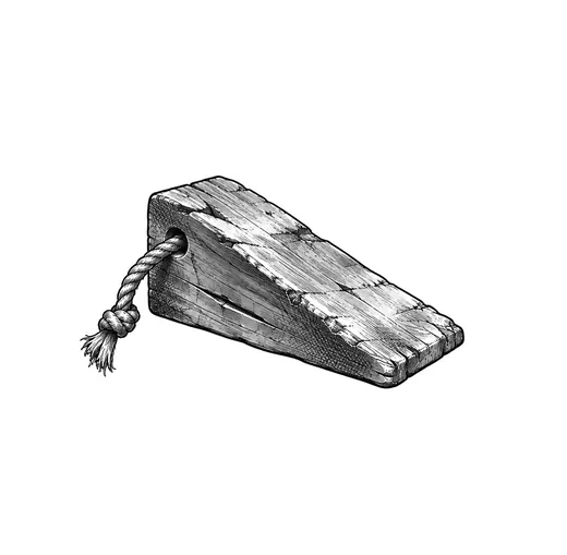 A worn wooden gate chock with a short pull-cord.