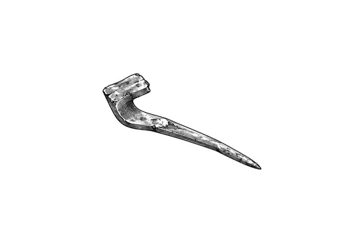 A bent metal fork tine repurposed as a nail.