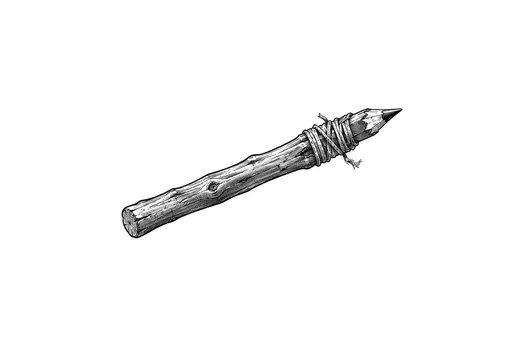 A tiny pencil stub lashed to a wooden stick with thread.