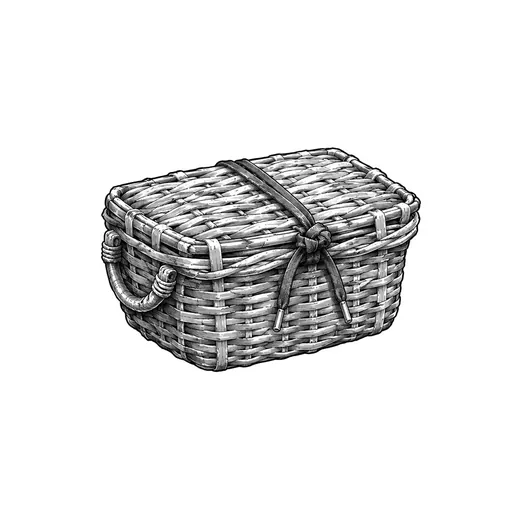 A closed wicker basket tied shut with a bootlace.