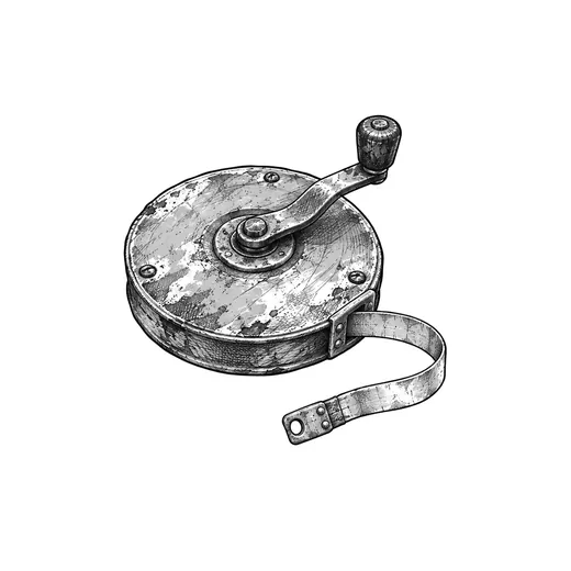 A hand-wound measuring-tape reel with a short unrolled tail.