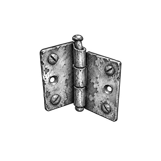 A worn iron door hinge with its two leaves partly open.