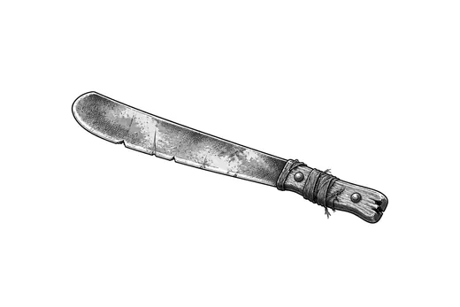 A worn work machete with a riveted wooden handle.