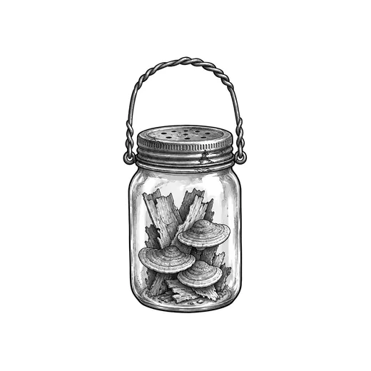 A foxfire jar holding bark and shelf fungi beneath a pierced lid.