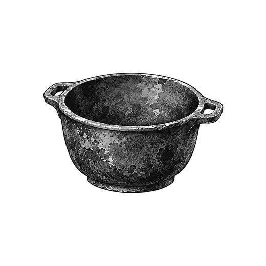 A large blackened iron cooking pot with two side handles.