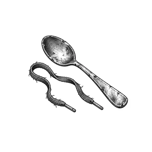 A worn spoon beside a loose bootlace.