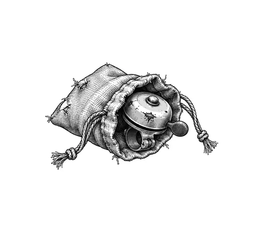 A bicycle bell peeking out of a cloth sack.
