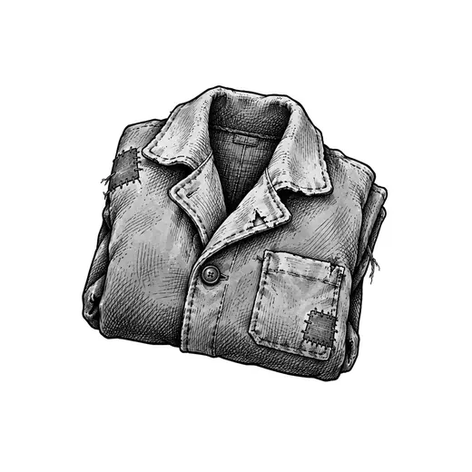 A worn coat folded with its sleeves tucked in.