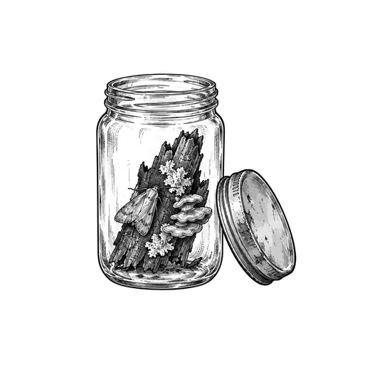 A dark foxfire jar containing bark and a small moth.