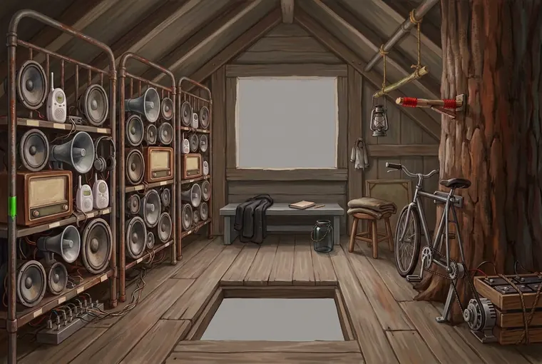 A rack of salvaged loudspeakers lashed to a platform leaning out over the water, with a pedal generator wired to it.
