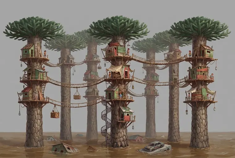 Seven enormous araucaria trees standing in shallow brown floodwater, hung with patched cabins on stacked platforms, rope bridges strung between them, crates and lanterns on pulleys, and the roofs of drowned houses and a car showing above the water below.